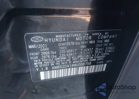 2021 Hyundai Santa Fe Hybrid Blue z USA, uszkodzony, nr VIN KM8S2DA14MU008758